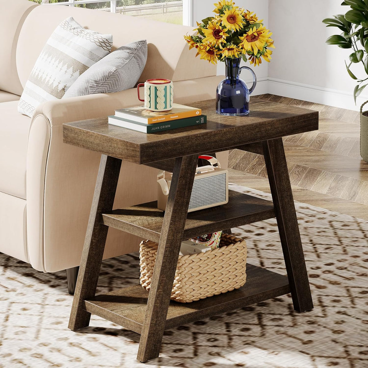 Tribesigns Small Wood End Table, 3-Tier Farmhouse Narrow Couch Side Table with Storage, Vintage