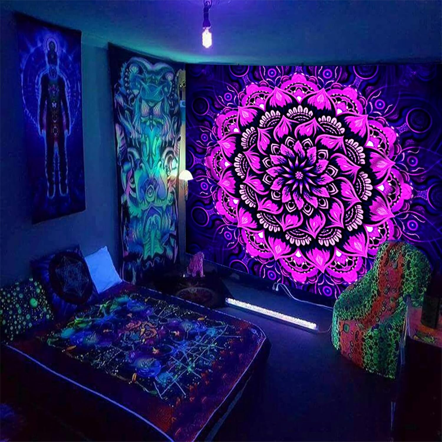 Psyhilar Blacklight Mandala Tapestry Wall Hanging, Psychedelic Flower Black Light Posters for