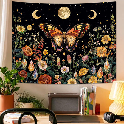 Lunerfex Boho Butterfly Tapestry Flower Moon Wall Tapestry, Moon Phases Tapestries for Bedroom Cute