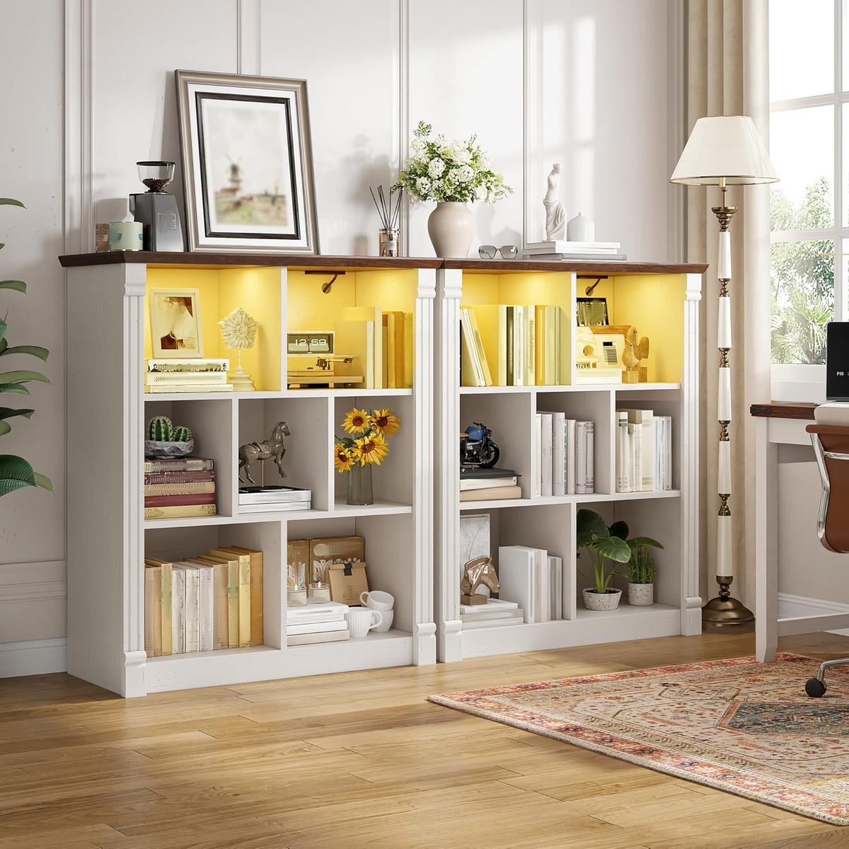 EnHomee 7 Cube Storage Organizer with LED Light and Charging Station Wood Cube Shelf White