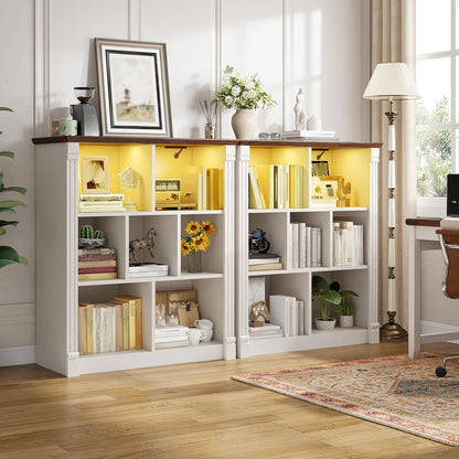 EnHomee 7 Cube Storage Organizer with LED Light and Charging Station Wood Cube Shelf White