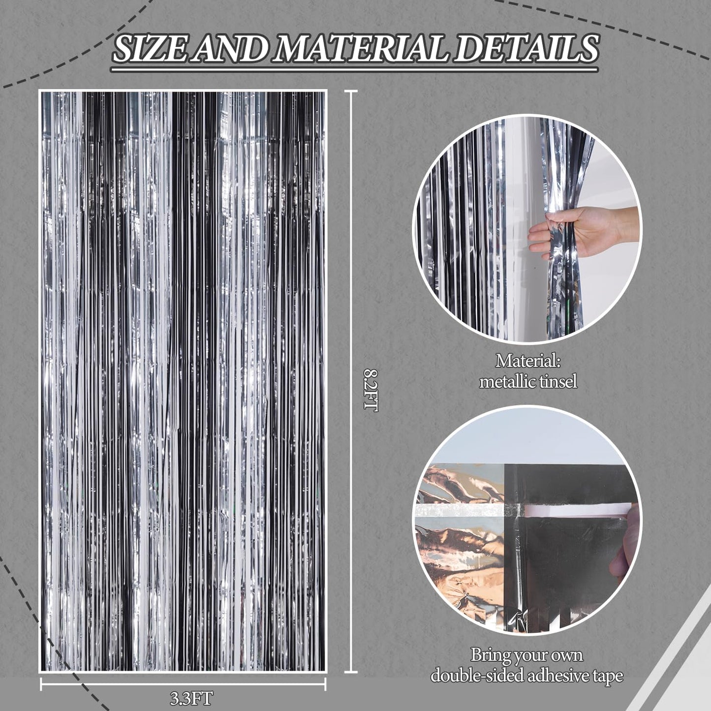 3 Pack Foil Fringe Backdrop - Black&Silver Shiny Tinsel Curtains for Party Decoration/Photo Booth