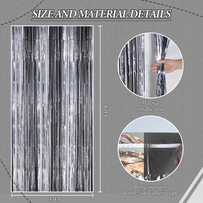 3 Pack Foil Fringe Backdrop - Black&Silver Shiny Tinsel Curtains for Party Decoration/Photo Booth