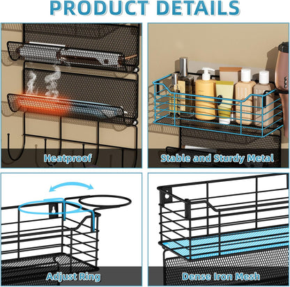 VITVITI Metal Hair Tool Organizer Wall Mount, Hair Dryer Holder with 3 Tier Shelf Basket Hooks