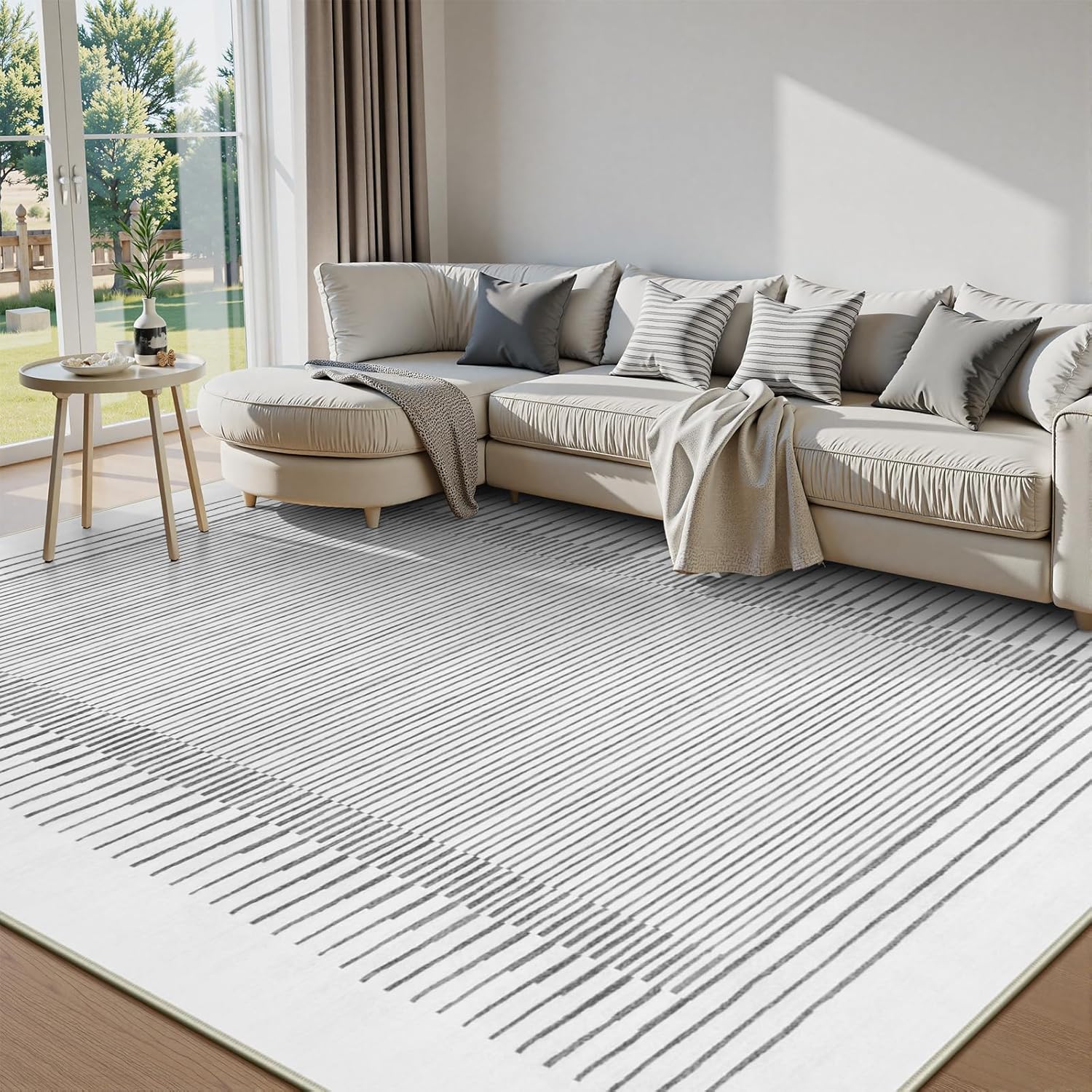 Wonnitar Washable Striped 8x10 Rugs for Living Room, Non-Slip Soft Grey Berber Stripe Bedroom Rug