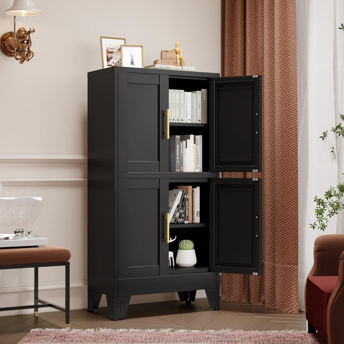 47.25" Metal Storage Cabinet, Black Kitchen Food Storage with 4 Door and 2 Adjustable Shelves