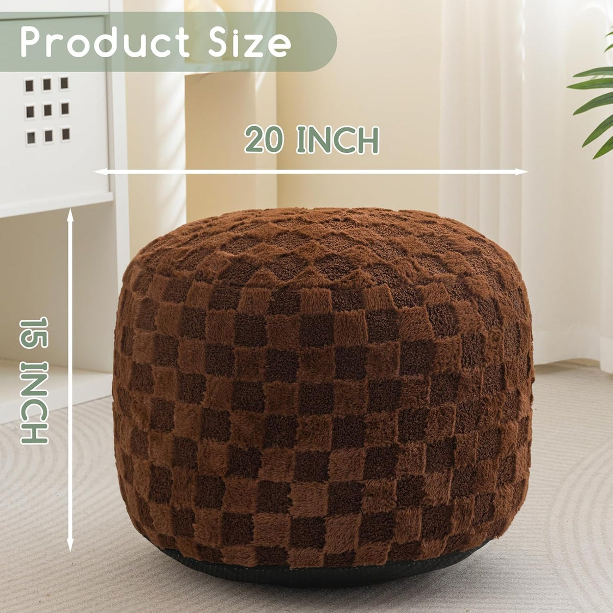 HIGOGOGO Round Stuffed Pouf Ottoman, Plaid Poufs with Foam Chunk Filling, Fluffy and Furry Pouf