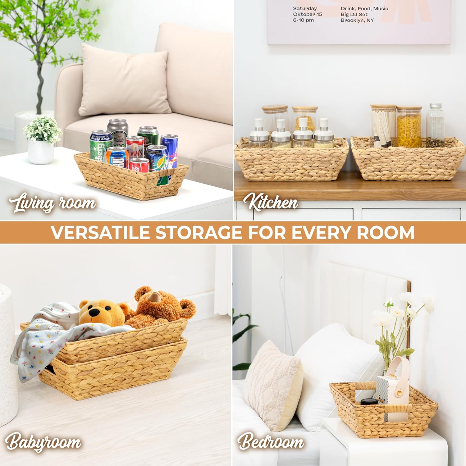 Set of 6 Snack Baskets, Wicker Snack Basket Organizer for Office, Small Wicker Baskets with