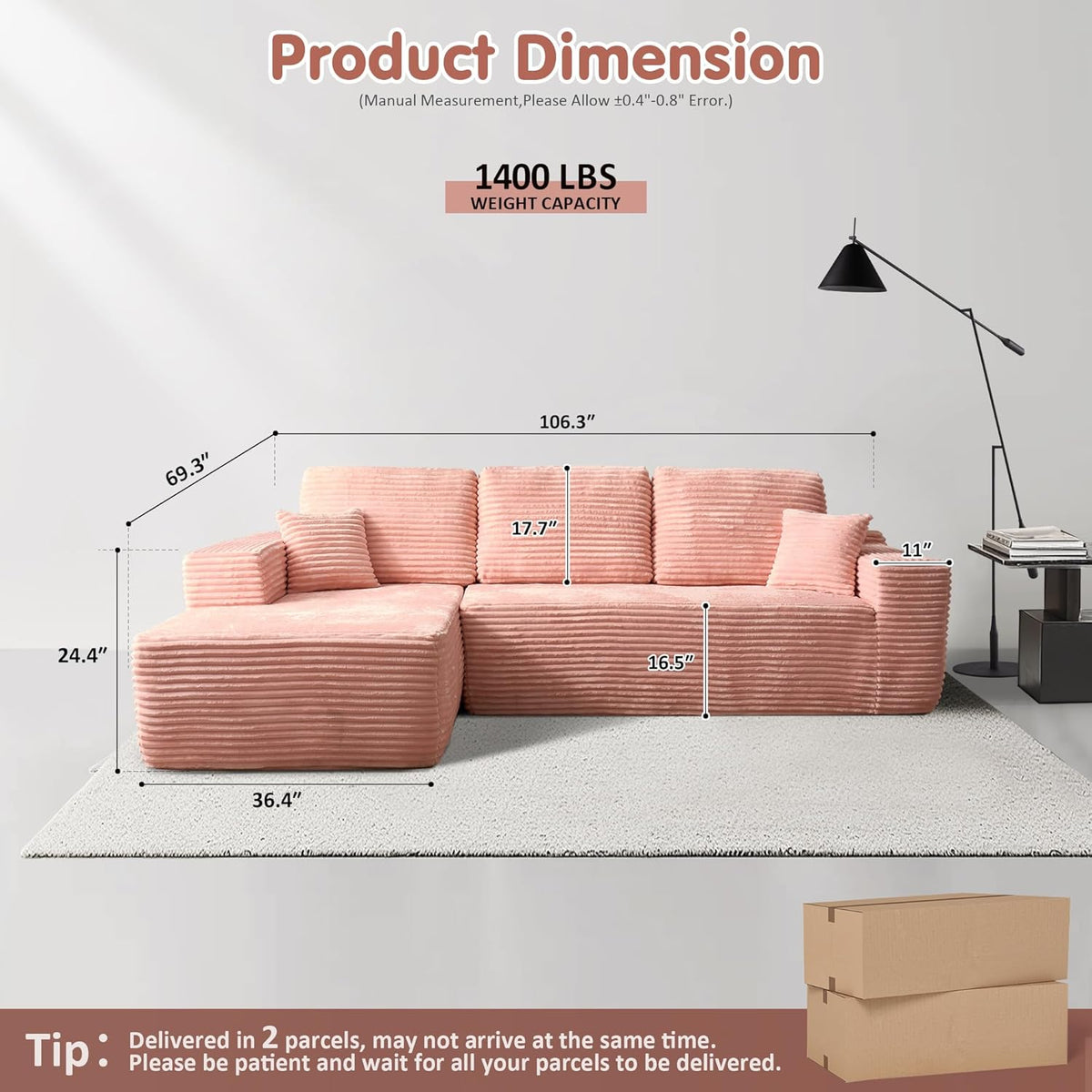 ovios 104" Cloud Sectional Couch with L-Shape Chaise,Modern Modular Sofa with Deep Seat
