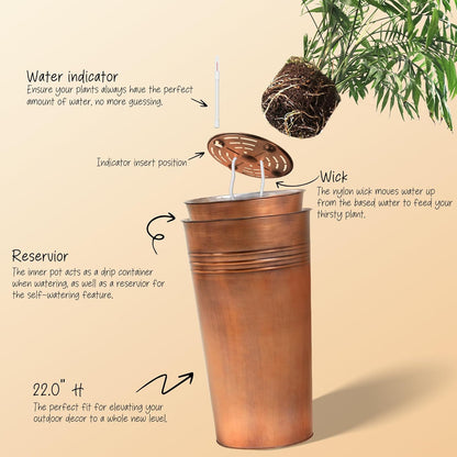 KOL 22''H 2-Pack Planter with Water Level Indicator - Galvanized Steel Pot - Self Watering Planters