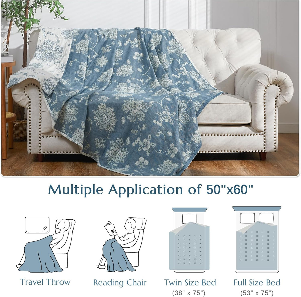 jinchan Boho 100% Cotton Muslin Twin Size 50x60 Inches Blanket Lightweight 4-Layer Quilted Soft