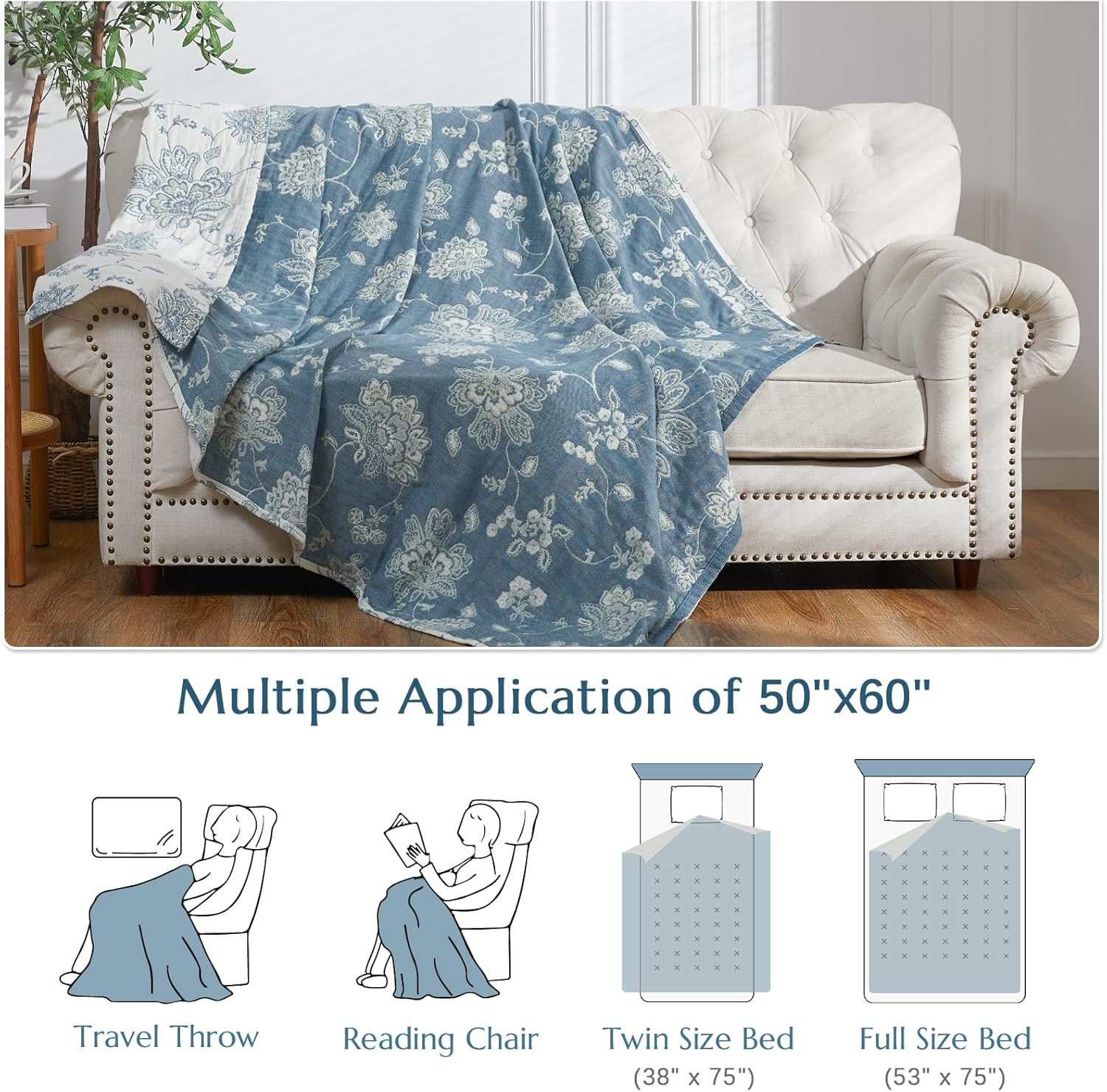 jinchan Boho 100% Cotton Muslin Twin Size 50x60 Inches Blanket Lightweight 4-Layer Quilted Soft