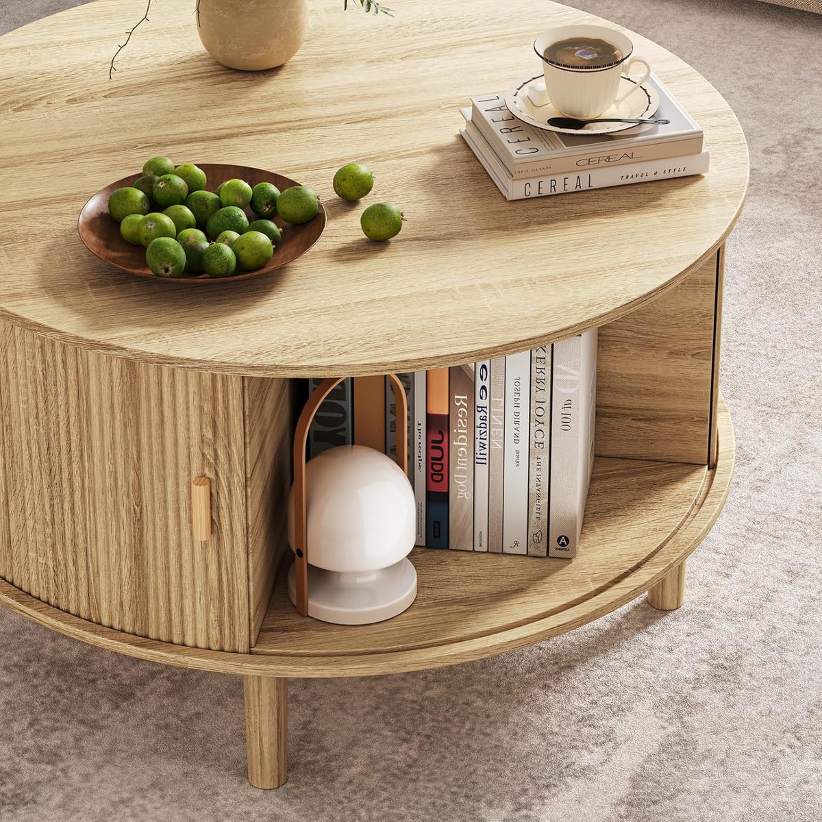 Round Coffee Table with Storage,Fluted Table with 360°Curved Sliding Doors,Solid Wood Legs, Mid