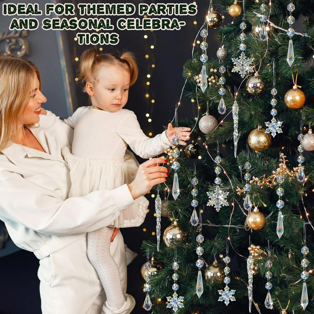 80pcs Christmas Crystal Snowflake Ornaments for Tree - Iridescent Christmas Acrylic Snowflakes Drop