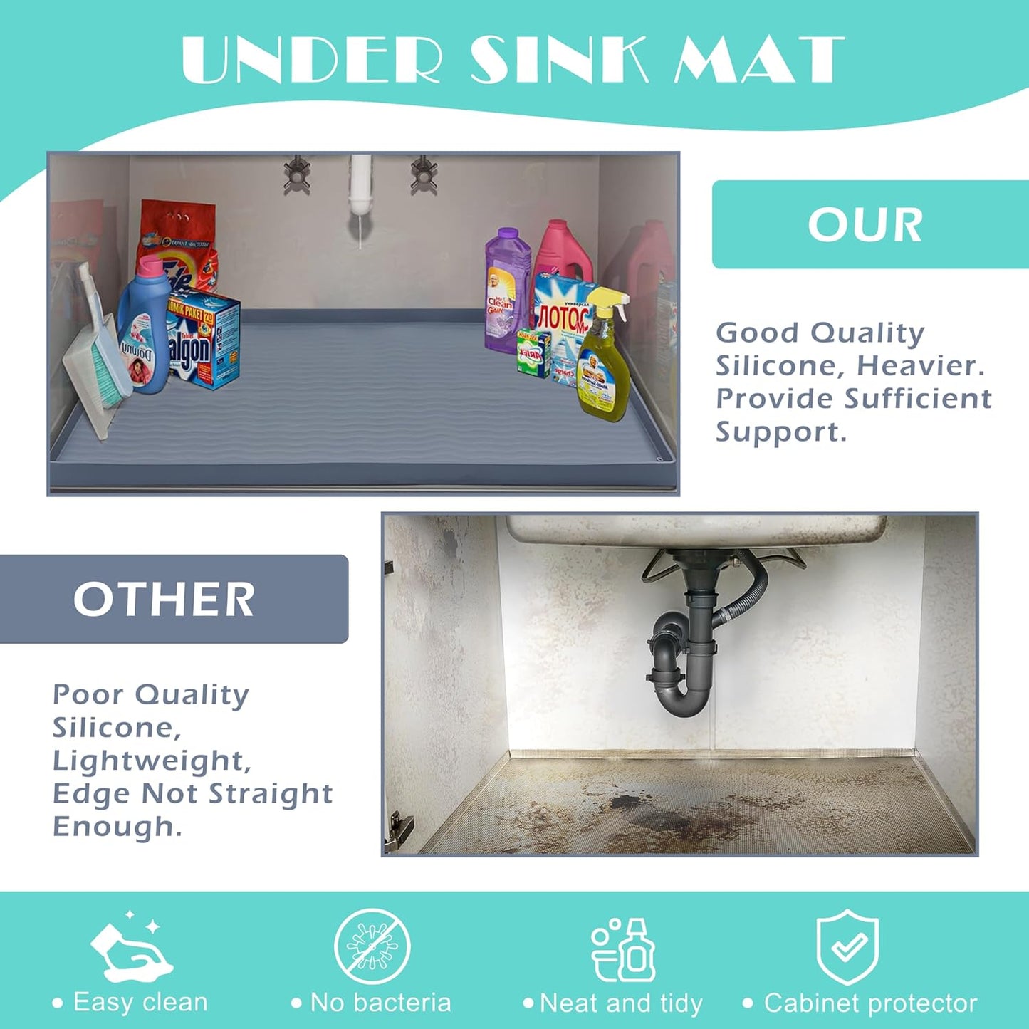 URMONA Waterproof Silicone Under Sink Mat 19'' x 19'' Shelf Liner for Kitchen and Bathroom, Cabinet