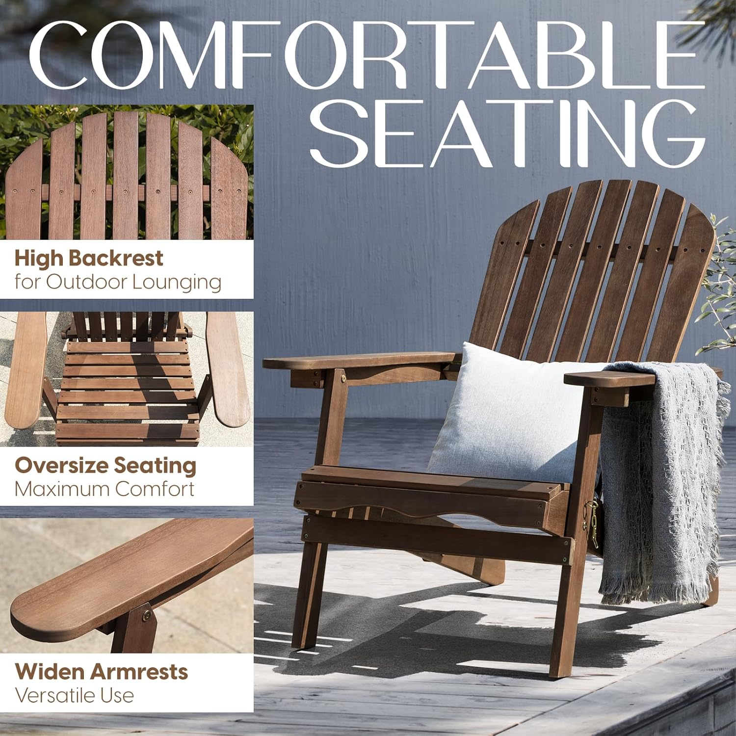 IDZO Outdoor Adirondack Chair Set of 2, Pre-Assembled Backrest, Patio Furniture Set, Outdoor
