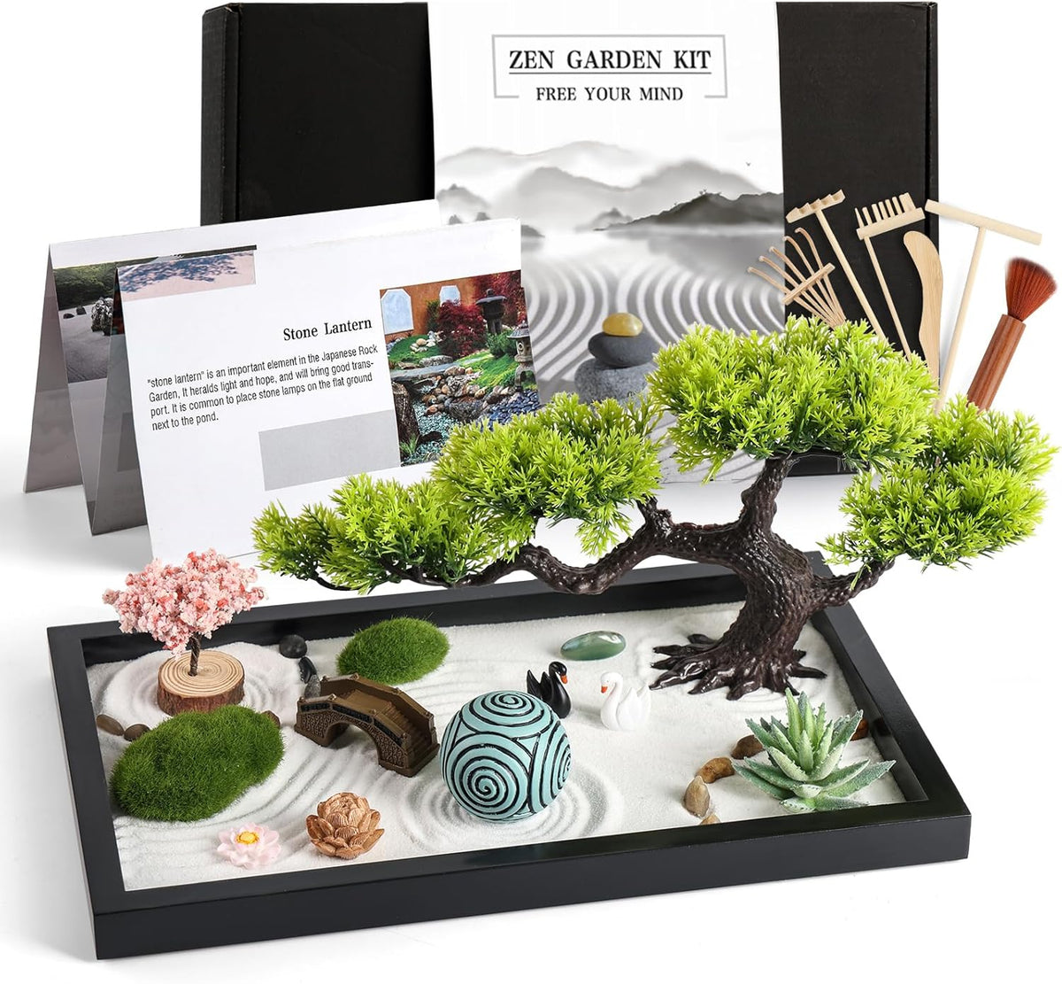 Zen Garden Kit for Desk Decor - Premium Beautiful Japanese Mini Zen Sand Garden Box Set for Home
