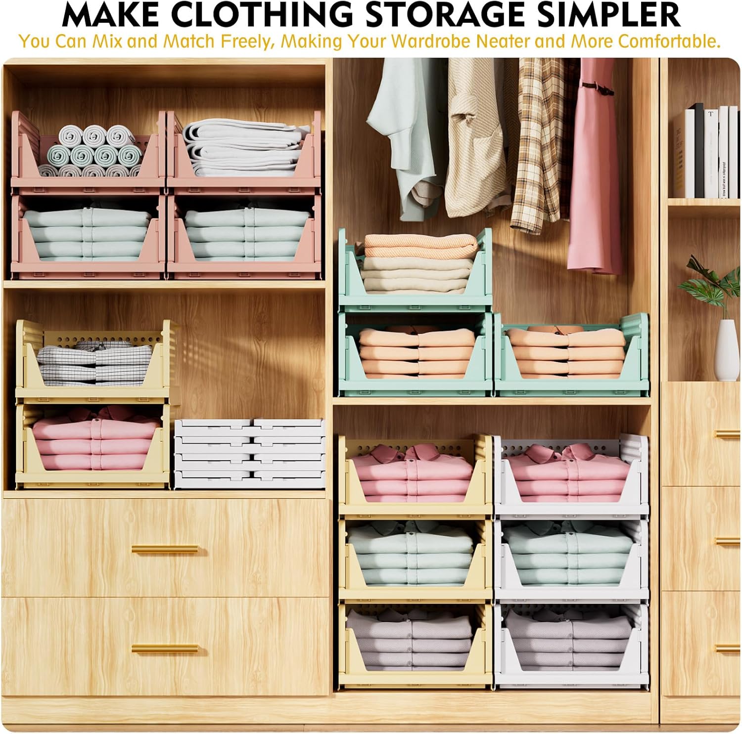 SNSLXH 5 Pack Stackable Closet Storage Basket, Multifunctional & Foldable Closet Organizer for