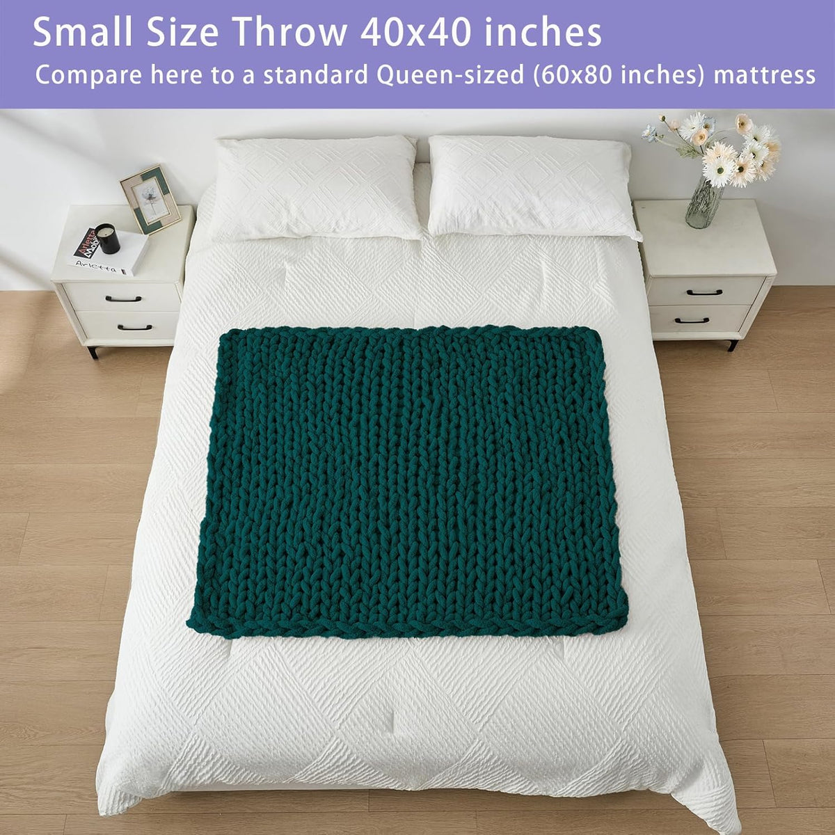 Bigacogo Chunky Knit Throw Blanket for Couch, 40x40 inches, 100% Hand Knitted with Thick Jumbo