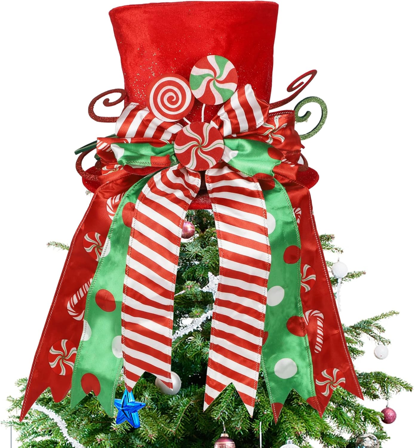 yofit Christmas Tree Topper Hat, Large Red Hat with Striped Bow Ribbon & Lollipop, Christmas Tree