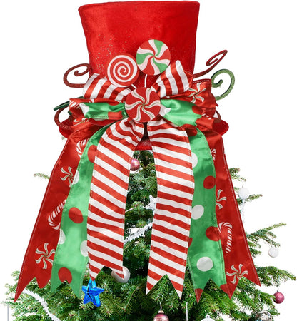 yofit Christmas Tree Topper Hat, Large Red Hat with Striped Bow Ribbon & Lollipop, Christmas Tree