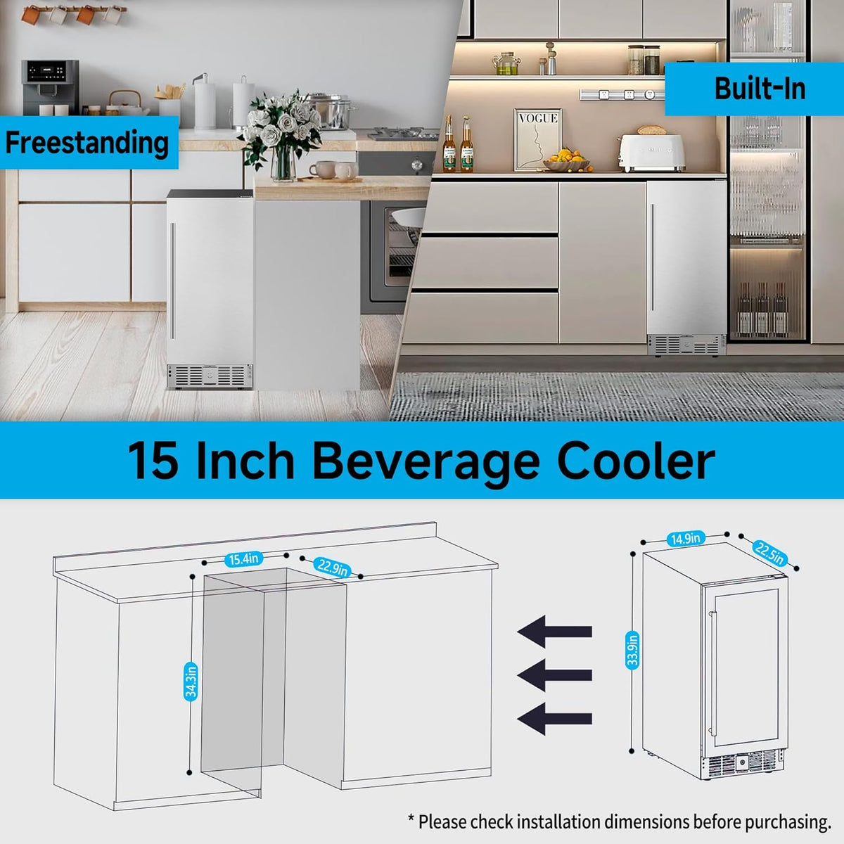 15 Inch Undercounter Beverage Refrigerator - 126 Cans Beverage Fridge with Stainless Steel Door for
