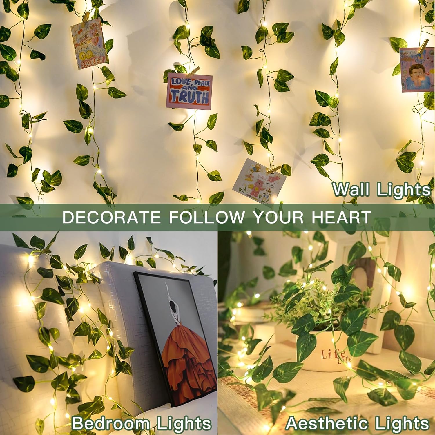 suddus Vine with Fairy Lights Battery Operated, 13.1ft 40 LED Pothos String Lights with Remote