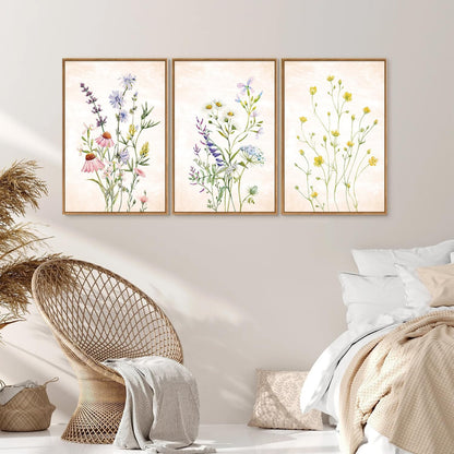 SIGNINART Watercolor Wildflower Framed Canvas Wall Art Set of 3, Boho Botanical Spring Floral Wall
