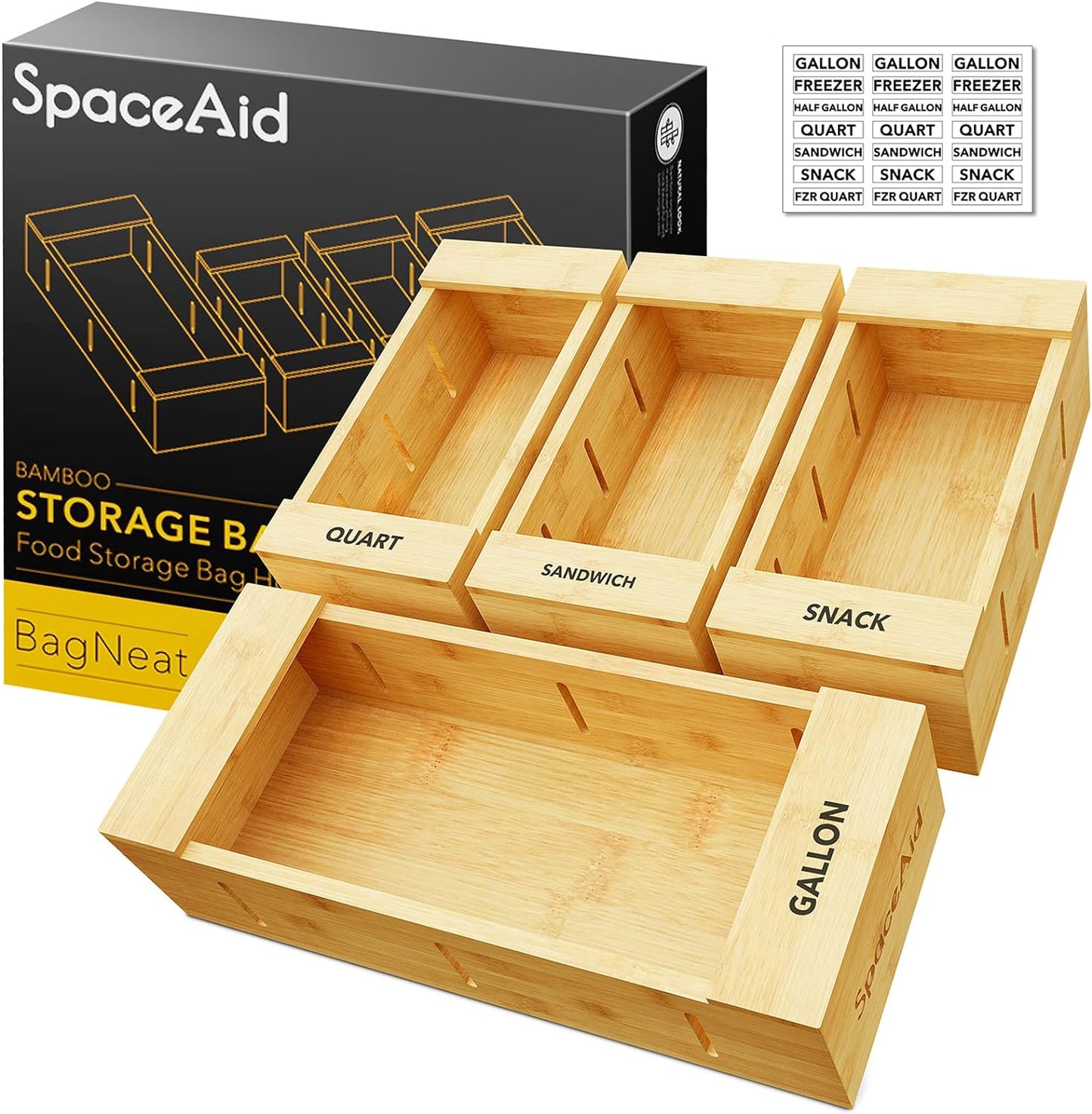 SpaceAid Bag Storage Organizer for Kitchen Drawer, Bamboo Organizer, Compatible with Gallon, Quart