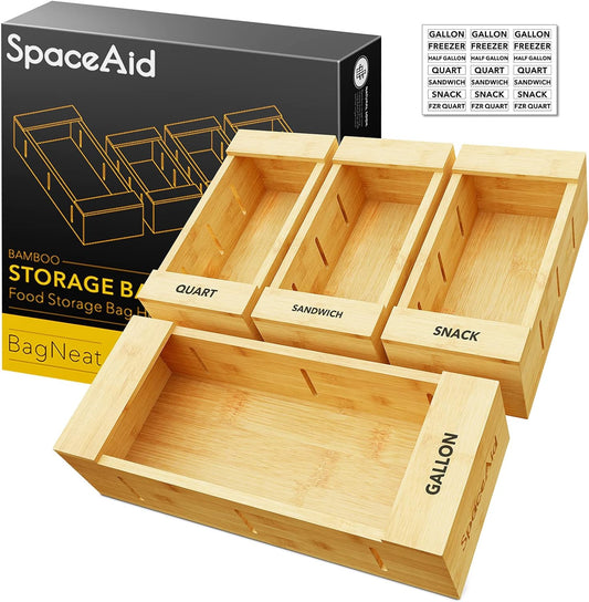 SpaceAid Bag Storage Organizer for Kitchen Drawer, Bamboo Organizer, Compatible with Gallon, Quart