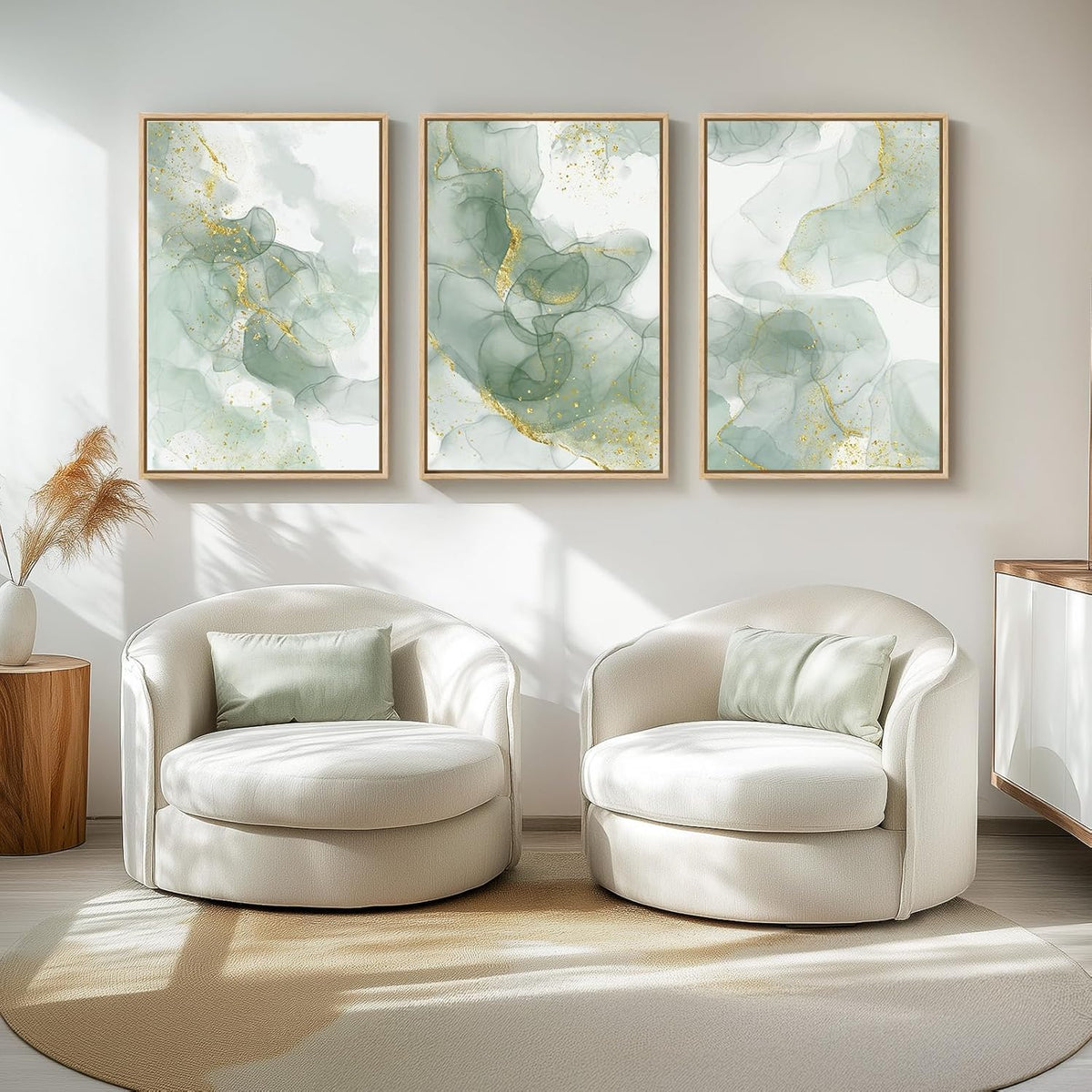 Large Framed Sage Green Abstract Wall Art for Living Room, 3 Piece Green and Gold Canvas Prints