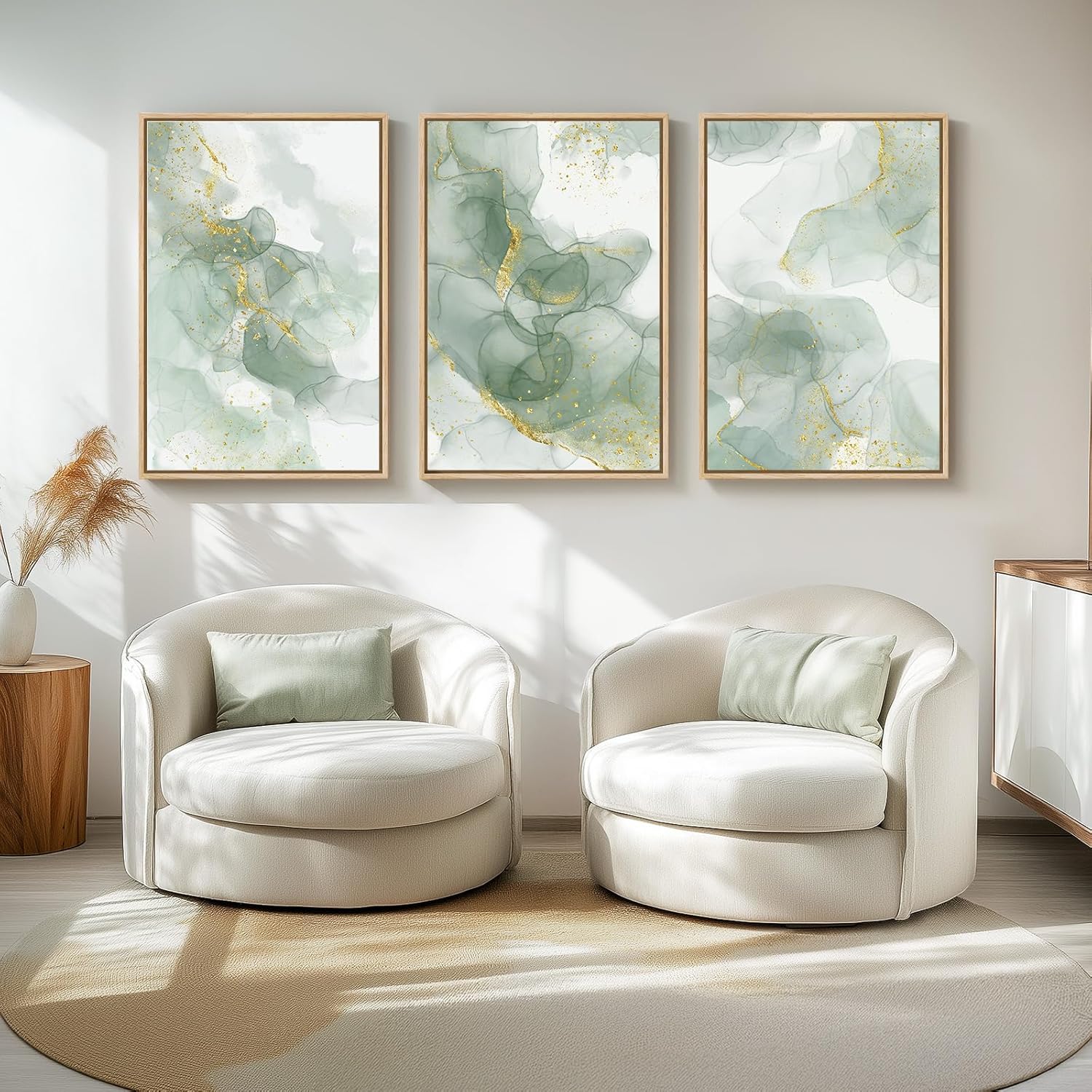 Large Framed Sage Green Abstract Wall Art for Living Room, 3 Piece Green and Gold Canvas Prints