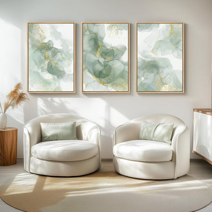 Large Framed Sage Green Abstract Wall Art for Living Room, 3 Piece Green and Gold Canvas Prints