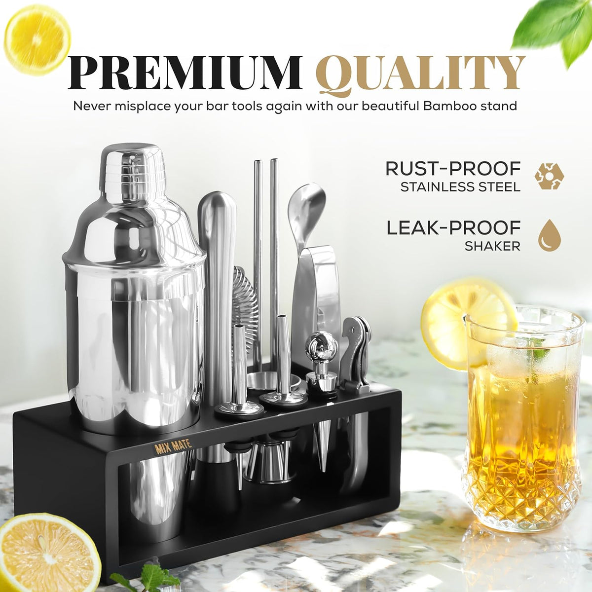 Mixology Bartender Kit with Stand - 15 Piece Bar Tool Set, Silver Bar Set Cocktail Shaker Set for