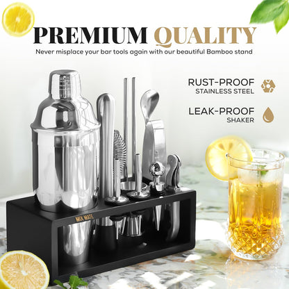 Mixology Bartender Kit with Stand - 15 Piece Bar Tool Set, Silver Bar Set Cocktail Shaker Set for