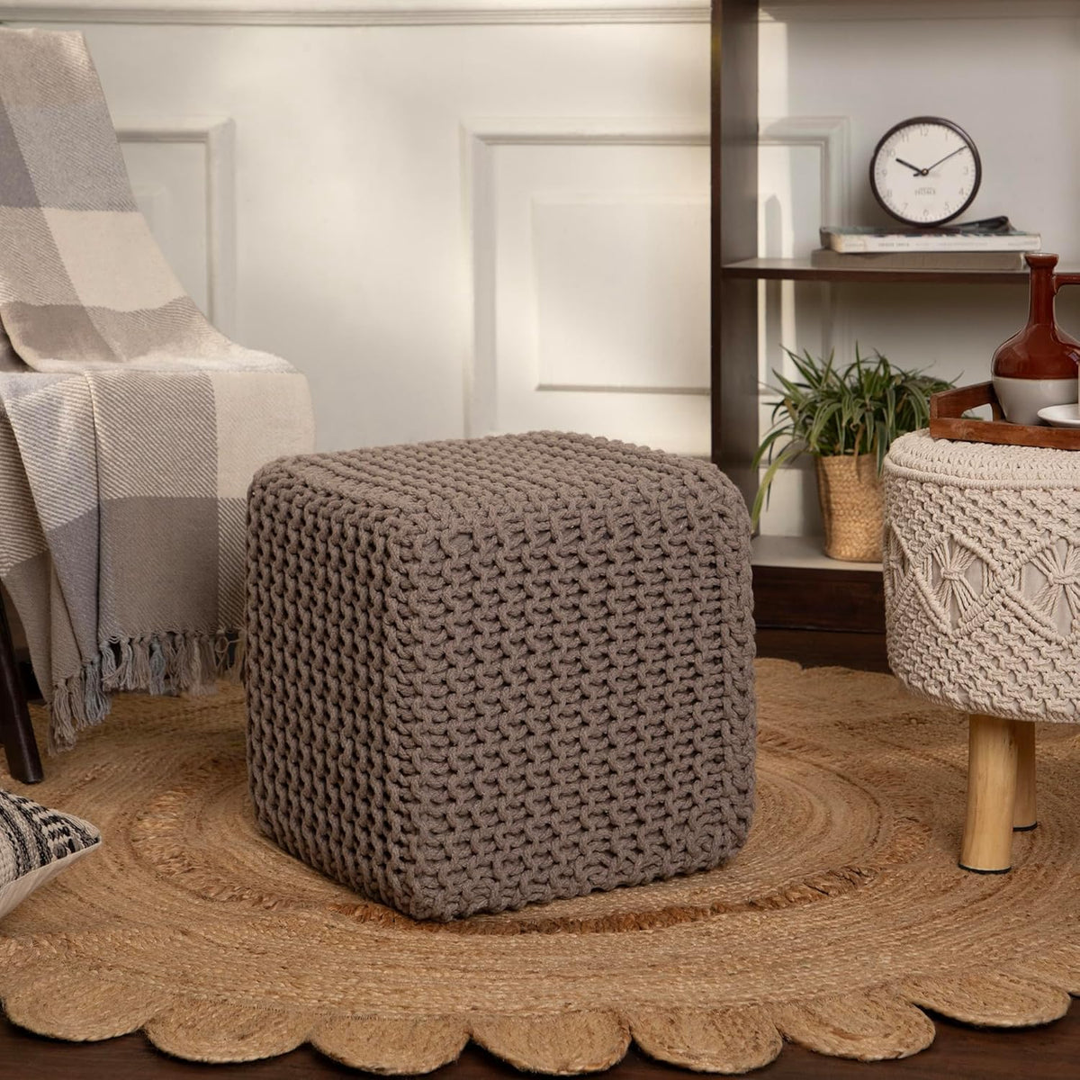 REDEARTH Cube Hand Knitted Pouf - Foot Stool Ottoman - Cord Boho Pouffe - Poof Accent Stuffed Table