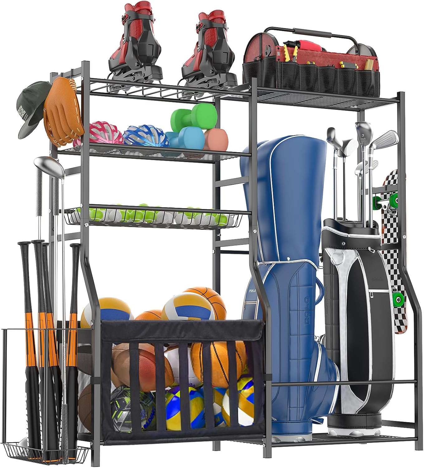 Garage Sports Equipment Organizer, Strong Load Bearing Golf Bag Organizer, Multi Use Golf Ball Rack
