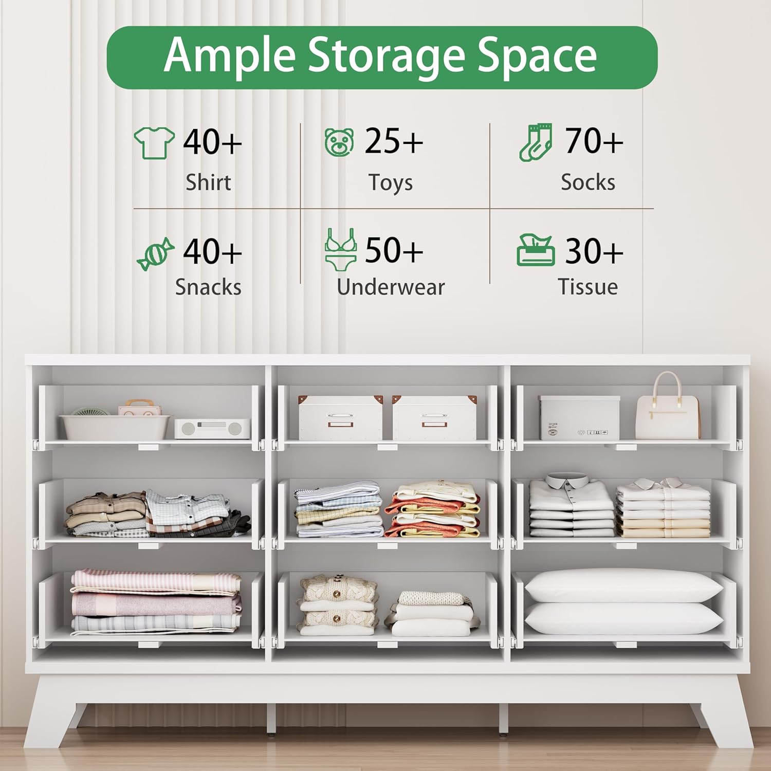 Fluted Dresser for Bedroom with 9 Drawers, 57" Wide Modern Chest of Drawers with Metal Handle
