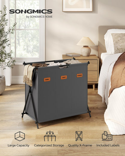 SONGMICS Laundry Hamper, Laundry Basket, 35.7 Gal. Laundry Sorter 3 Sections, Collapsible X-Frame