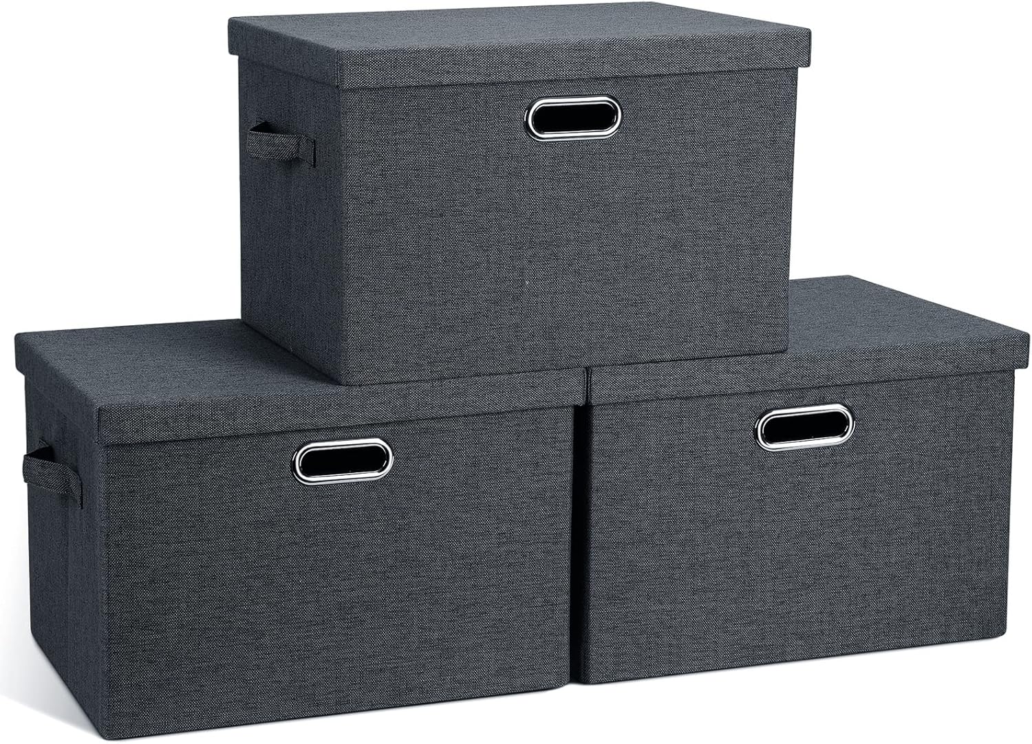 Large 17" 36 Quart Collapsible Stackable Storage Bins with Lids, 3 Packs Dark Gray Foldable Fabric