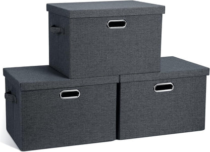 Large 17" 36 Quart Collapsible Stackable Storage Bins with Lids, 3 Packs Dark Gray Foldable Fabric
