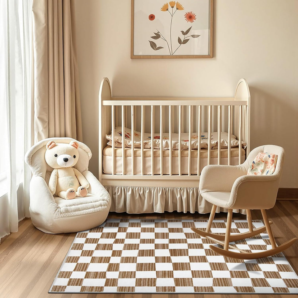 jinchan 3x5 Brown Checkered Area Rugs for Kids Room - Machine Washable Rug Modern Neutral Geometric