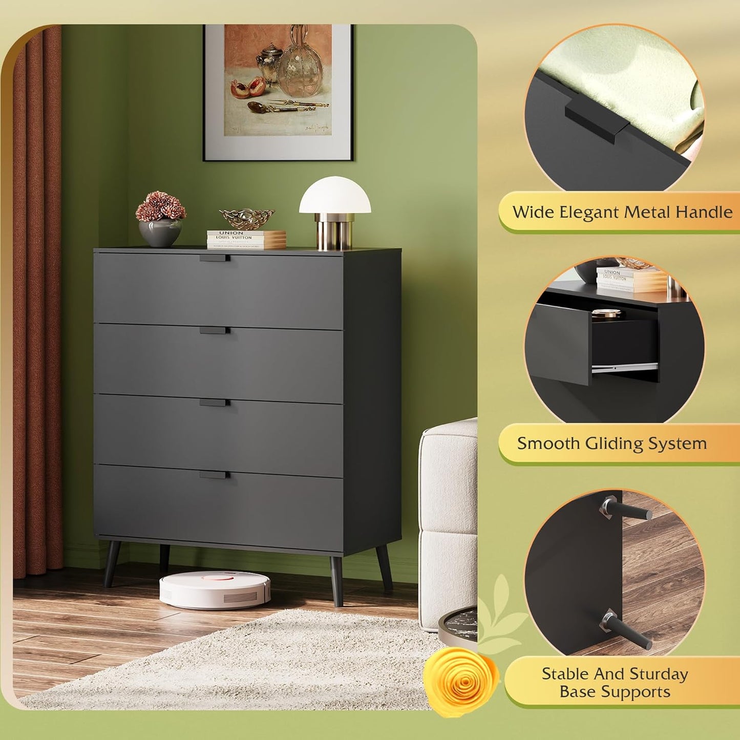 WLIVE 4 Drawer Dresser for Bedroom, Tall Wood Dresser, Modern Black Dressers with Sturdy Metal