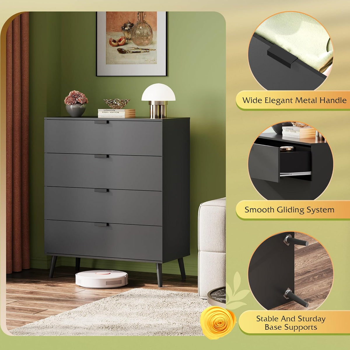 WLIVE 4 Drawer Dresser for Bedroom, Tall Wood Dresser, Modern Black Dressers with Sturdy Metal