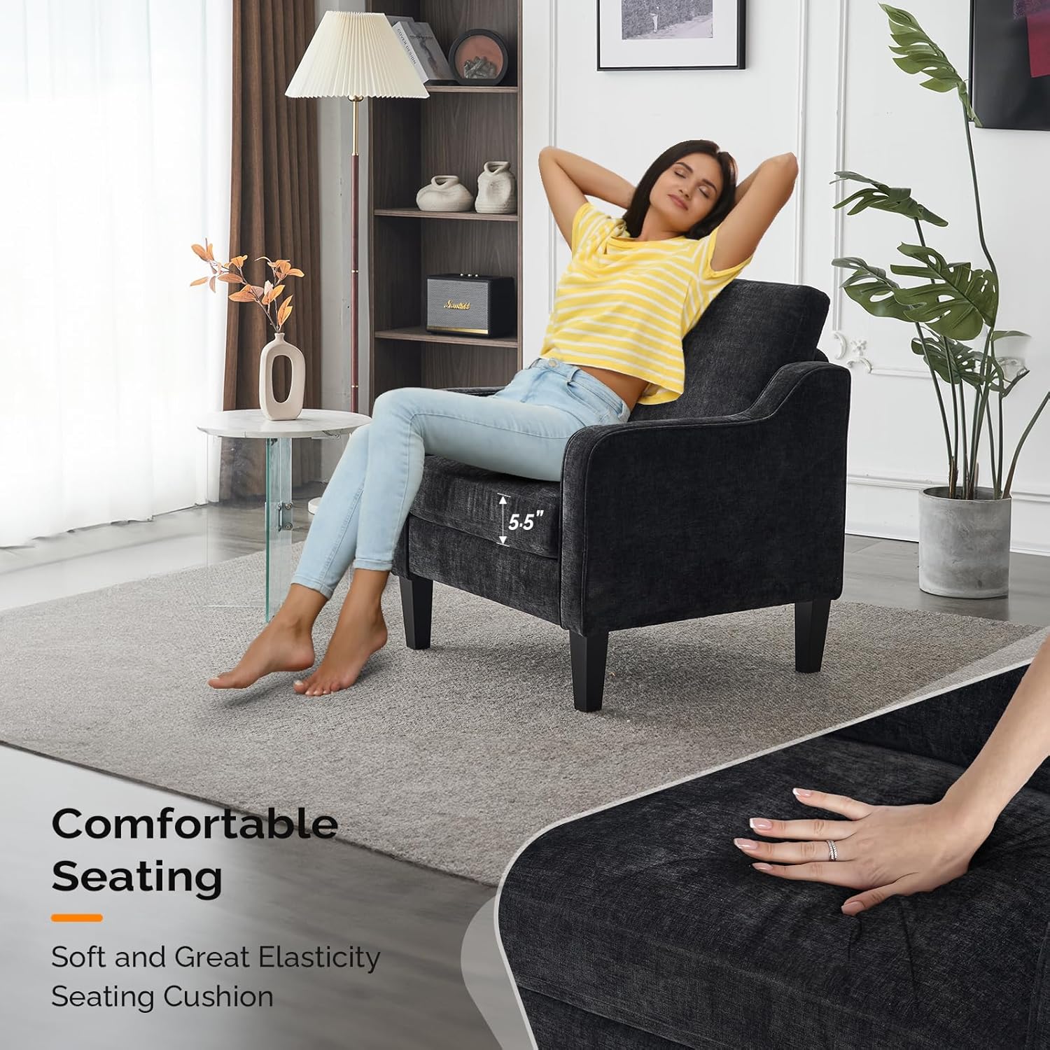 VINGLI Living Room Chairs Set of 2, Black Accent Chair 5.5" Thick Seat Cushion Comfy Chair Soft