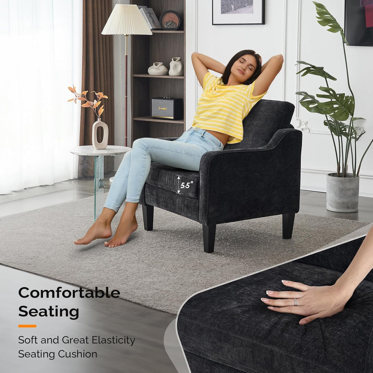 VINGLI Mid Century Modern Accent Chairs, Black Soft Chenille Reading Chair Upholstered Armchair