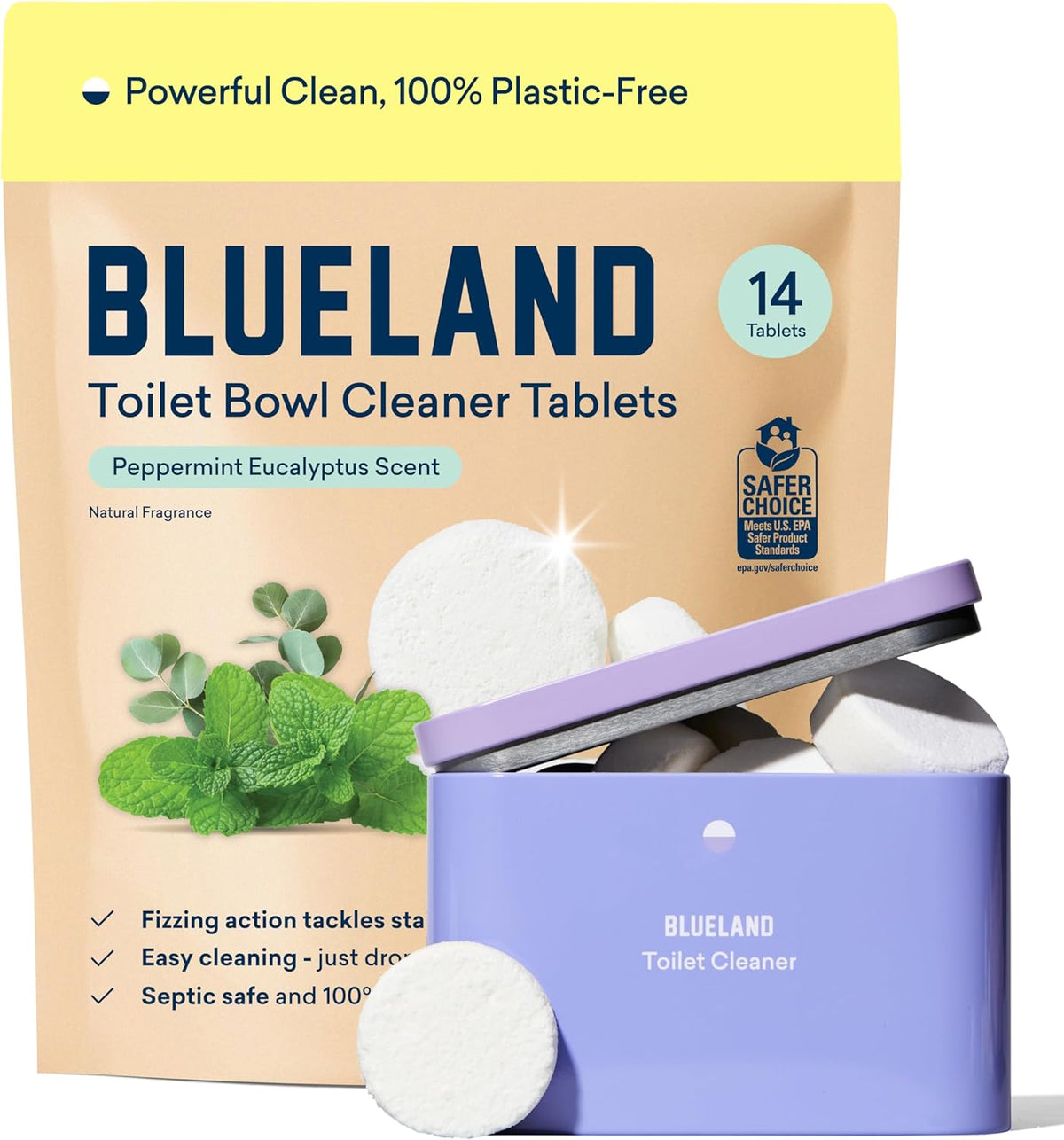 BLUELAND Toilet Bowl Cleaner Tablets, Starter Set, 14 Count with Tin, Peppermint Eucalyptus