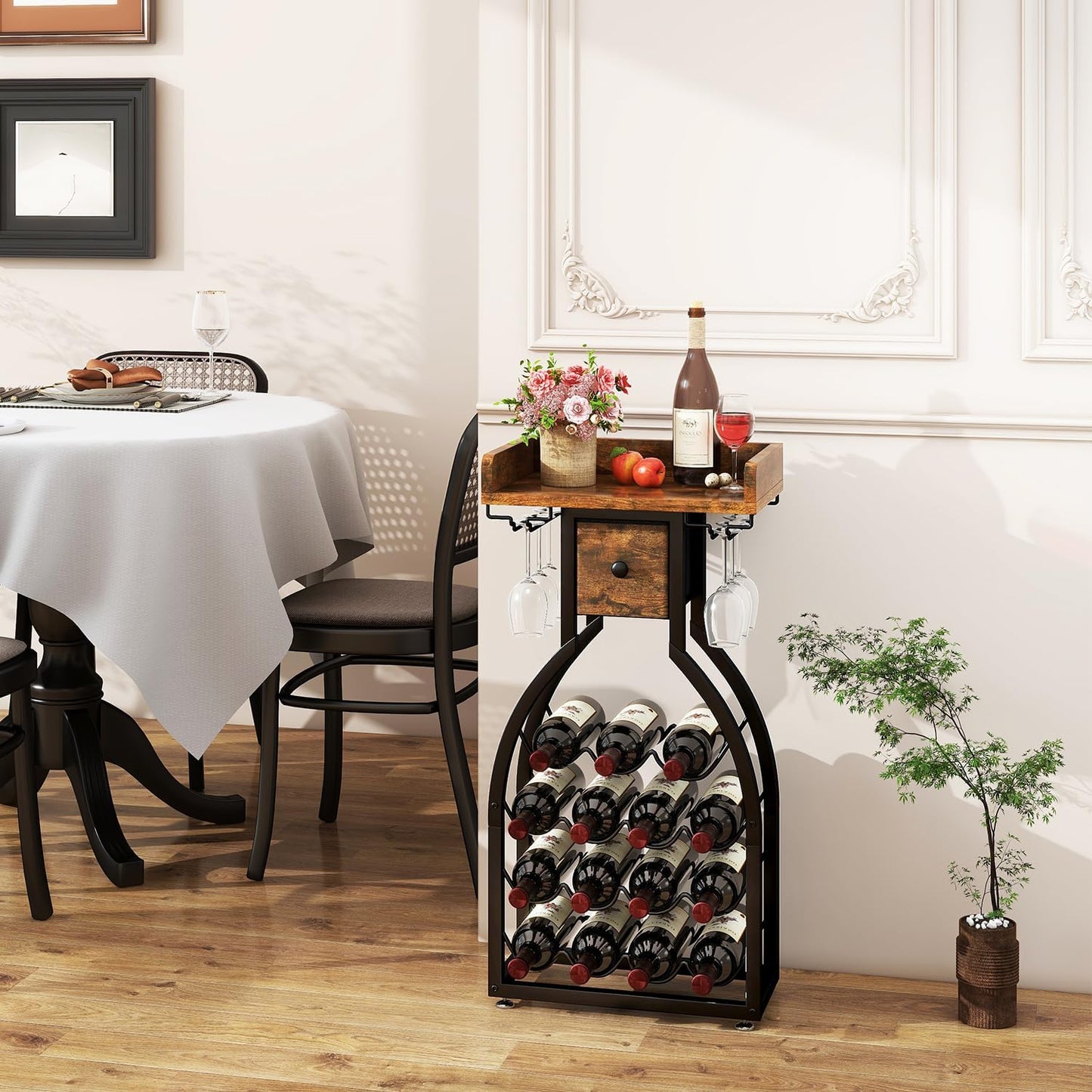 IBUYKE Wine Rack Freestanding Floor,Wine Storage 15 Bottles Bottle Rack with Glass Holders, Mini