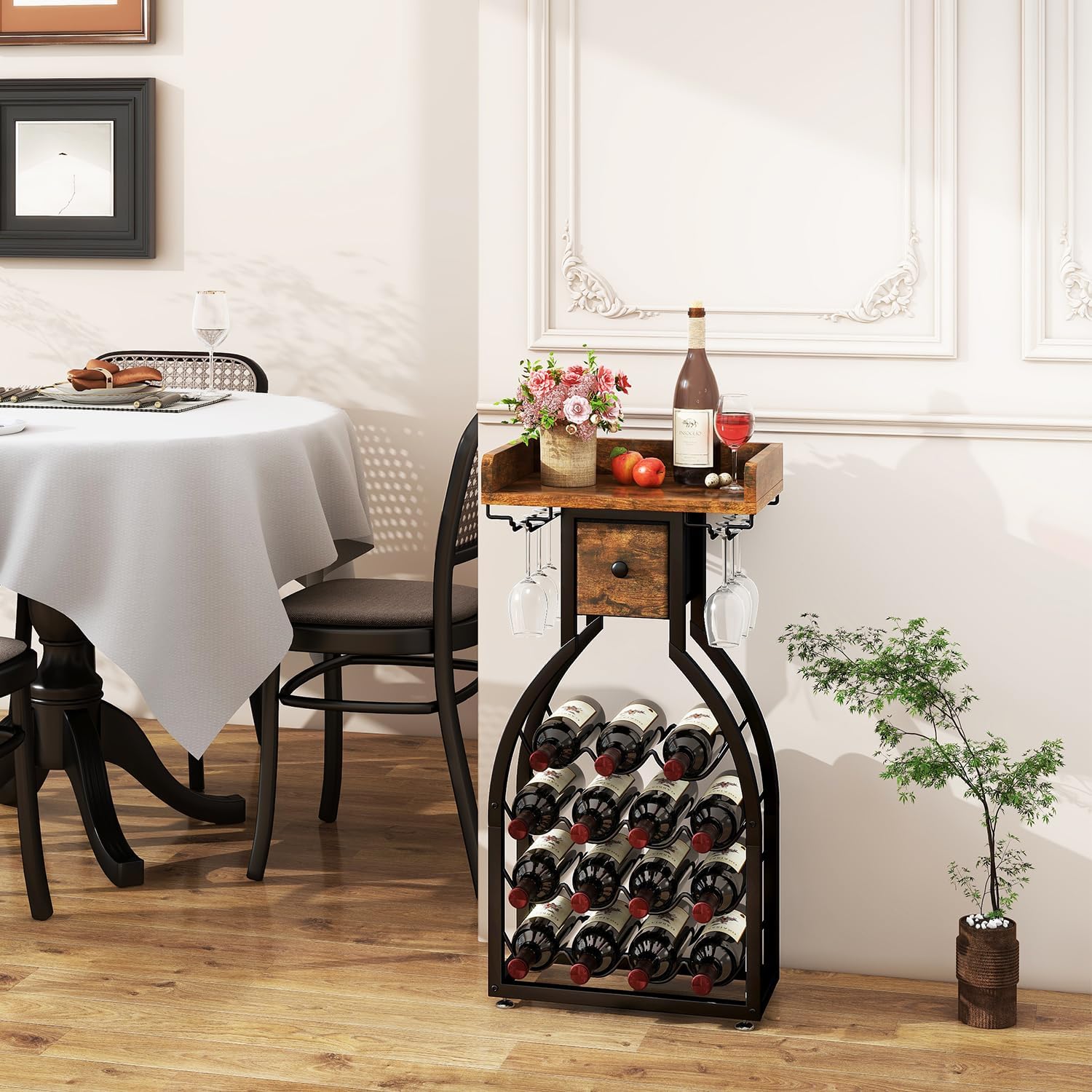 IBUYKE Wine Rack Freestanding Floor,Wine Storage 15 Bottles Bottle Rack with Glass Holders, Mini