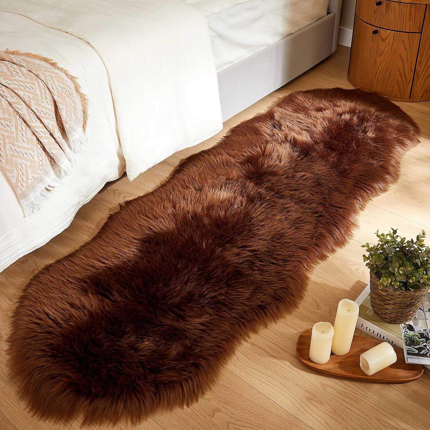 AMTOVO Faux Sheepskin Rug, Coffee Ultra Soft Fluffy Shag Area Rug, 2 x 6 ft Faux Fur Rug for
